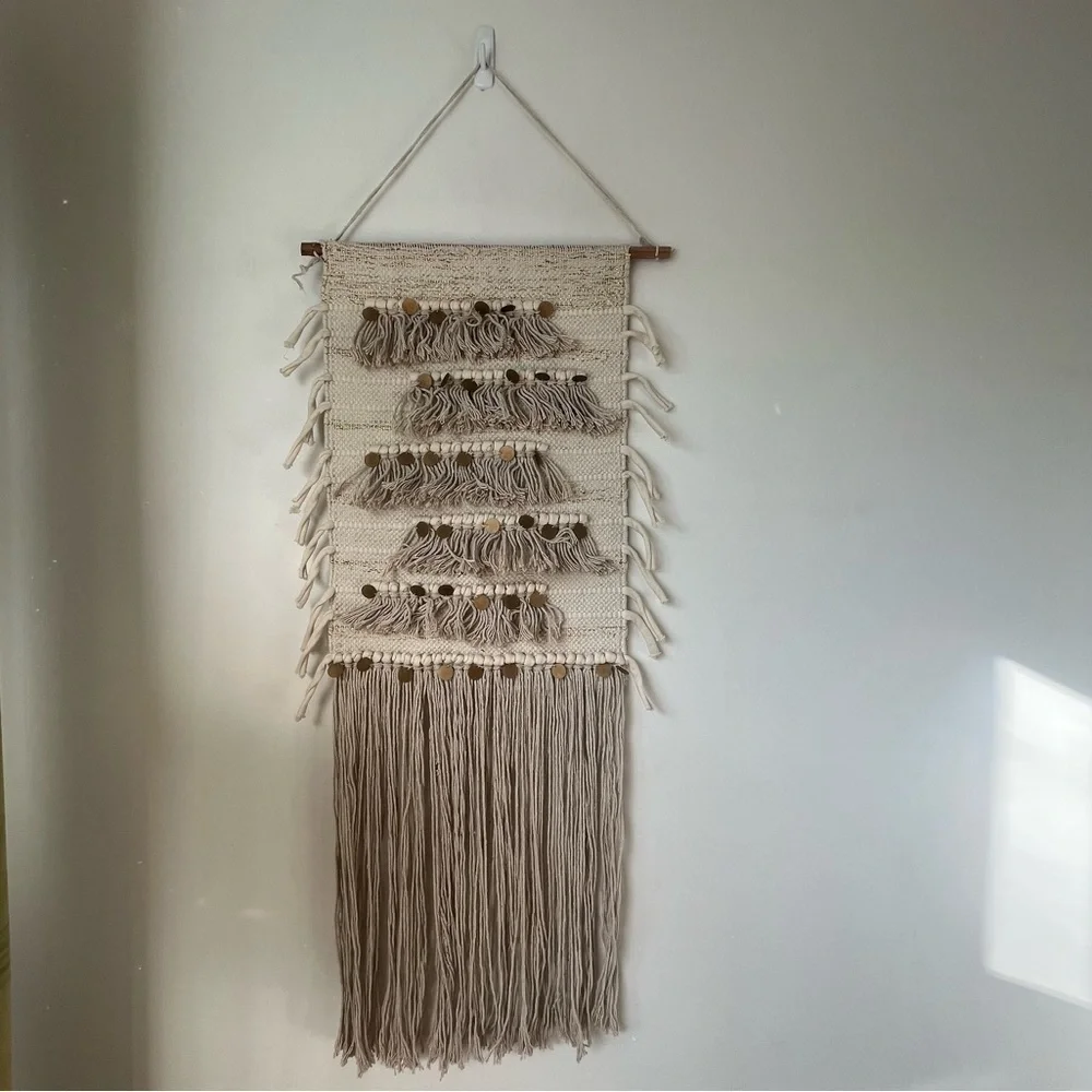 Off white tasseled gold coin fringe macrame wall hanging